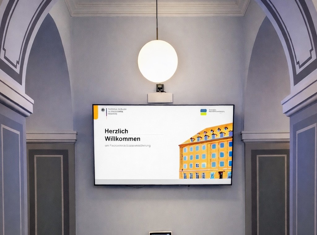 Monitor zeigt Neuigkeiten der Hochschule an